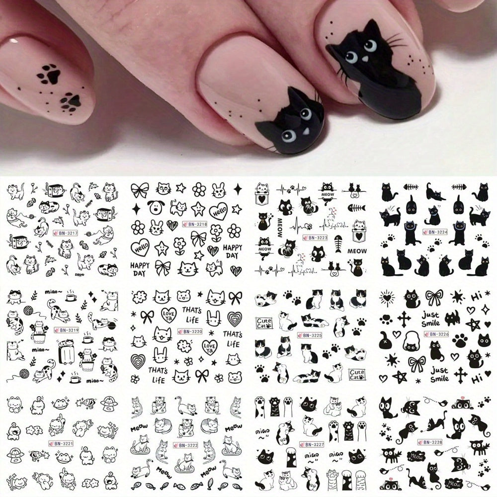 Black Cartoon Animal Pattern, Glossy Surface, Glitter Decoration, Plastic Nail Decoration, Single Use, Cute Cat Nail Stickers and Decals for Plastic Surfaces