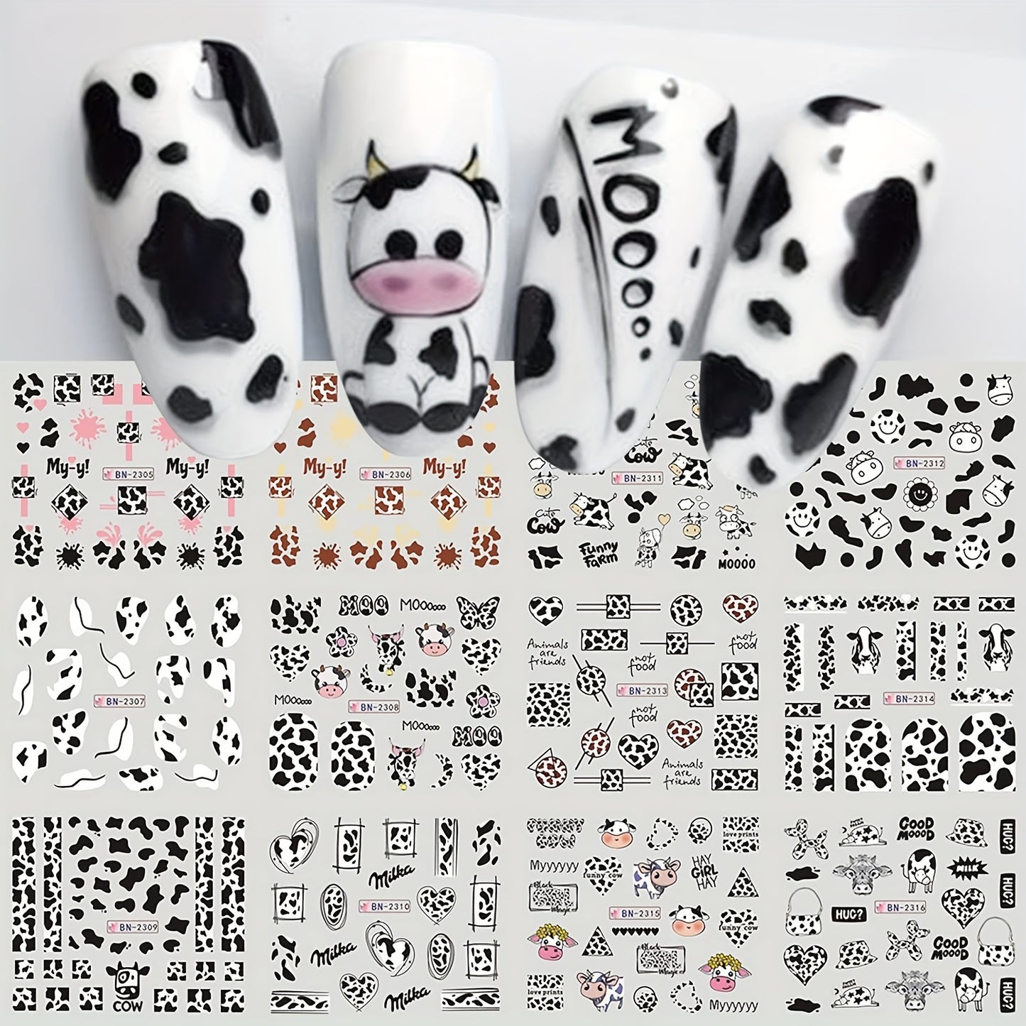 12pcs Adorable Cow Print Nail Art Stickers - Reusable, Sparkle Finish for DIY Manicure & Pedicure Decor