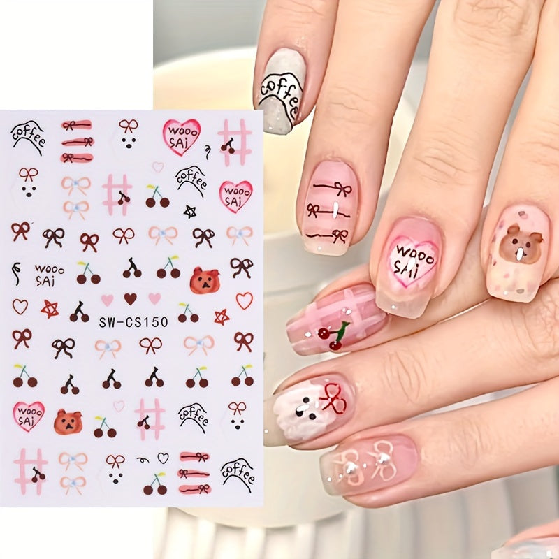 3pcs Cute Cartoon Animal Nail Art Stickers - Self-Adhesive Puppy, Bowknot, Cherry, Butterfly & Heart Designs with Sparkle Finish - Perfect for DIY Manicures & Salon Quality Nails - Fragrance-Free Accessories for Women and Girls, Nail Stickers