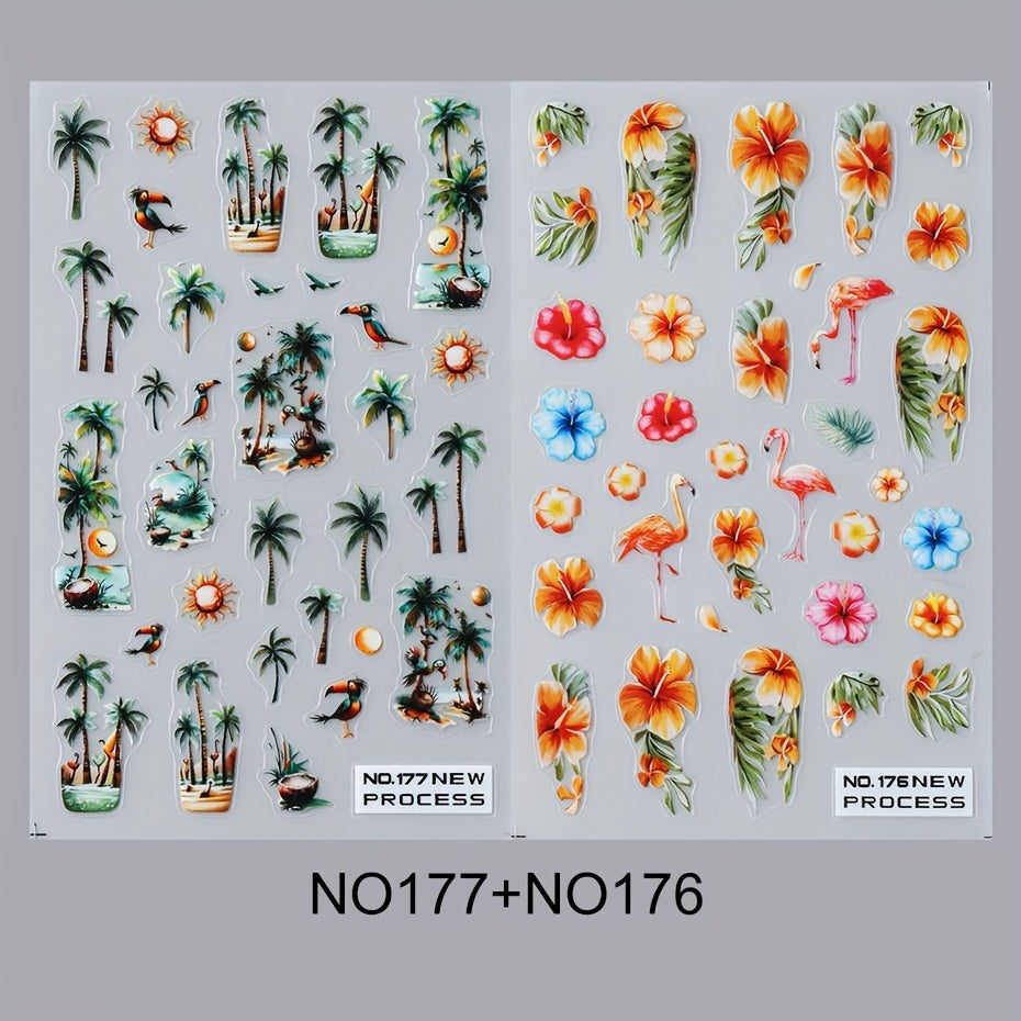 FULL BEAUTY Tropical Nail Art Stickers Decals - 2 Pcs 3D Self-Adhesive Palm Tree, Flamingo & Hibiscus Flower Designs, Glitter Finish Fantasy Embellishments for Manicure, Hypoallergenic Plastic Nail Sliders with Coconut Tree Patterns for Plastic Surfaces