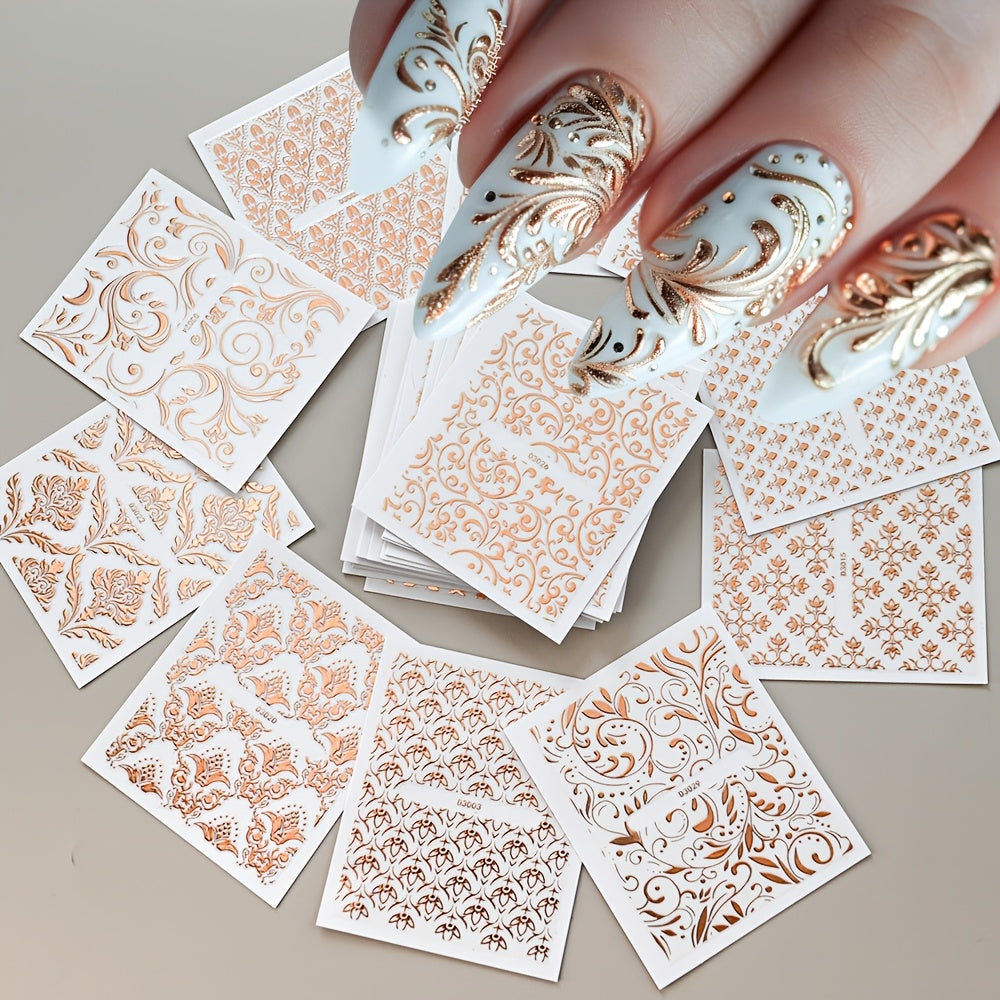 30 Sheets European Style Flower Embossed 3D Nail Art Stickers & Decals, Self-Adhesive Lace Foral Vine Relief Design Nail Art Stickers, Irregular Geometric Shapes Glitter Embellishment, Spring and Summer Flower Nail Art Decorations for Women And Girls