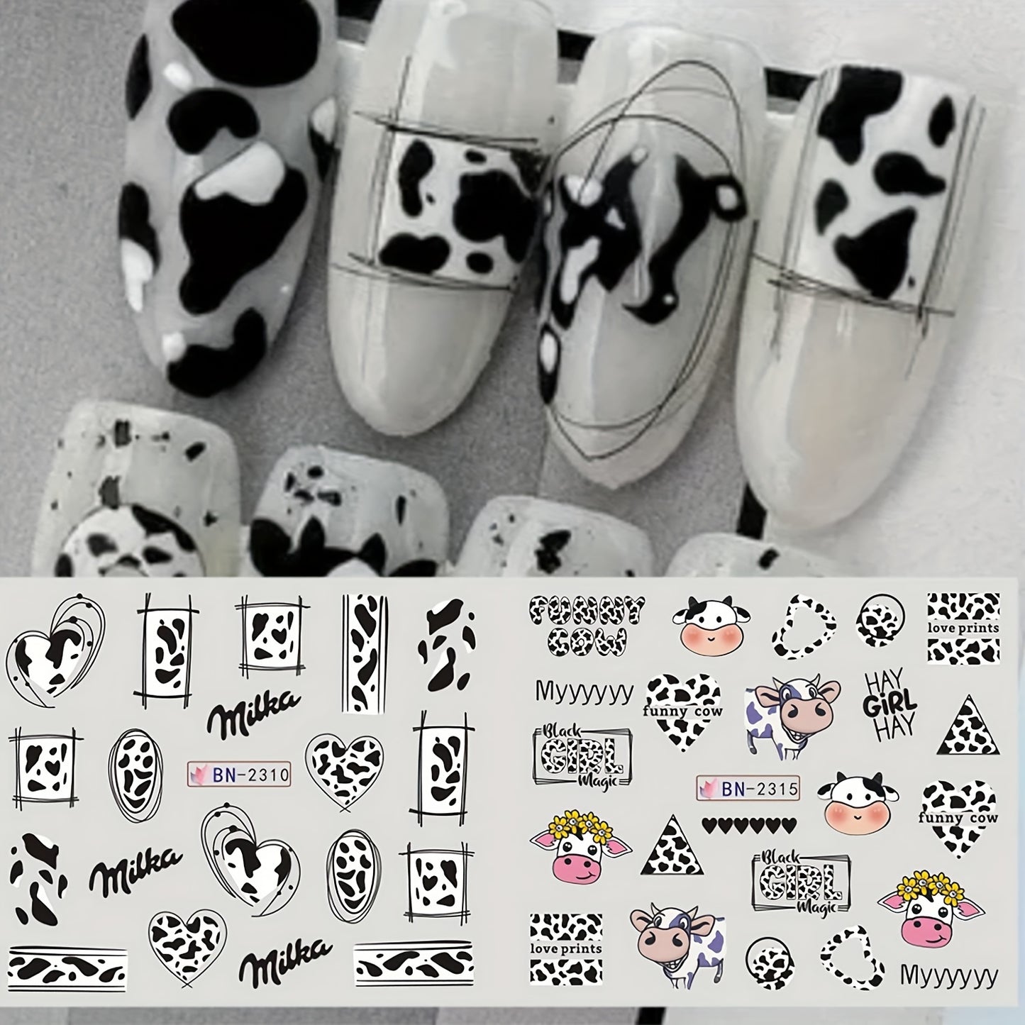 12 Sheets Cow Print Cartoon Nail Stickers Decals - Assorted Animal Patterns, Heart & Leopard Designs - Plastic, Pre-Pasted, Glossy Finish, Embroidered Look - Single Use Nail Art Decorations for Plastic Surfaces