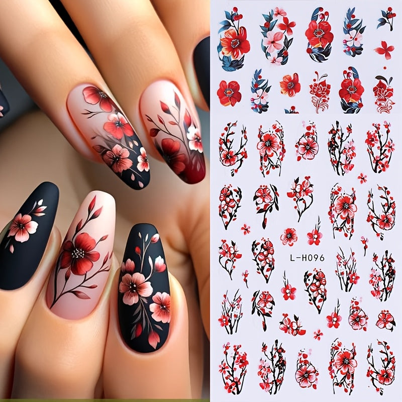 3 Sheets Floral Nail Art Stickers, Red Flowers and Leaves Self-Adhesive Nail Decals, Suitable for DIY Nail Decoration in Spring and Summer, Nail Art Supplies for Women and Girls