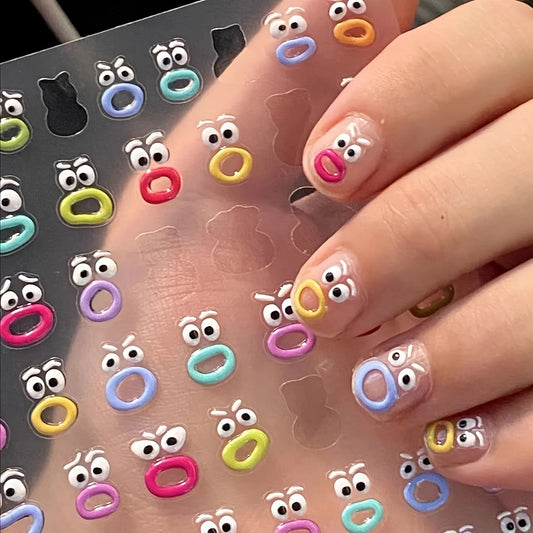 3pcs Vibrant Cartoon Monster Face Nail Art Stickers - Sparkling, Self-Adhesive Decals for Whimsical Manicures, Colorful & Fun DIY Nail Decoration for Girls, Nail Stickers