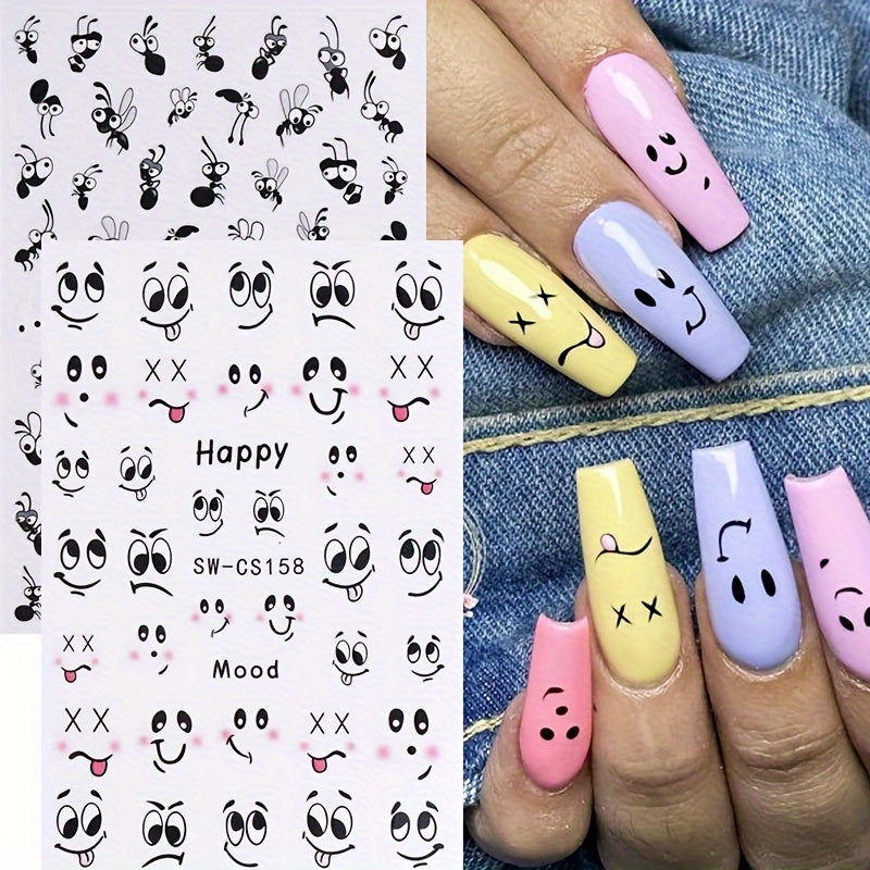 2pcs Whimsical Nail Art Stickers - Cute Cartoon Ants, Mosquitoes & Expressive Faces, Self-Adhesive DIY Decals in Black & White for Fun Manicures, Easy Apply, Single-Use, DIY Nail Art|Whimsical Nail Stickers|Singleuse Stickers, Nail Stickers for Nail Art