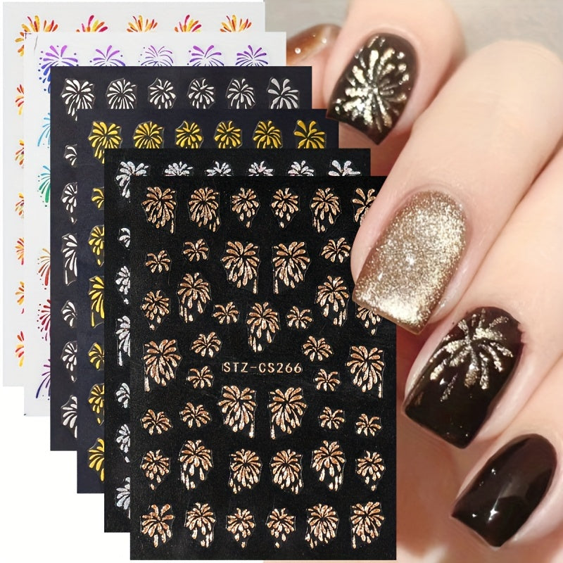 6pcs 3D Glitter Firework Nail Art Stickers Self Adhesive Sparkling Blooming Firework Design Nail Art Decals For New Year Festive Nail Art Decoration