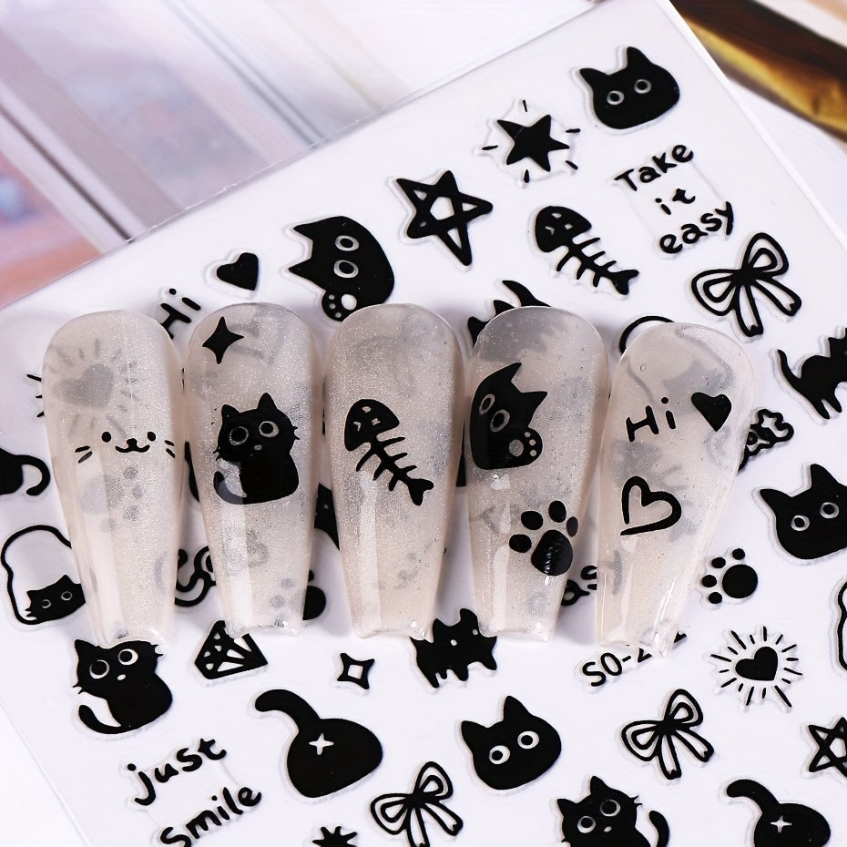 [Popular Choice] 2 Sheets Cute Cat Pattern Design Nail Art Stickers, Self-Adhesive Heart Star Nail Art Decals, DIY Nail Decorations, Nail Supplies for Women And Girls