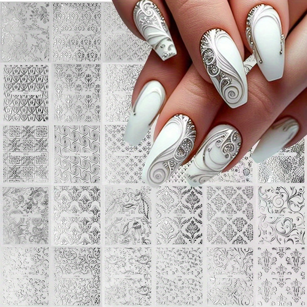 30pcs Elegant 3D Floral Nail Stickers & Decals - Self-Adhesive Lace Vine Designs with Sparkling Accents, Irregular Geometric Shapes for Sophisticated Spring & Summer Manicures, Ideal for Women and Girls, Spring Summer Nails|Elegant Nail Stickers|Sophistic