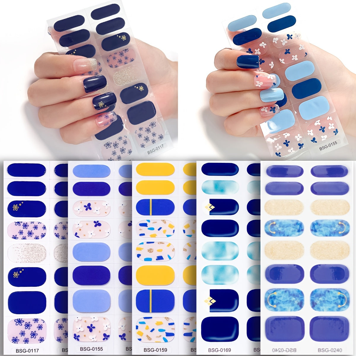 80pcs Spring & Summer Gel Nail Stickers - Blue & Yellow Floral Gradient Designs, Full Coverage Self-Adhesive Nail Wraps, Alcohol-Free, Easy to Apply, Disposable Manicure Decals with Snowflakes, Stars & Geometric Patterns, Nail Art Stickers