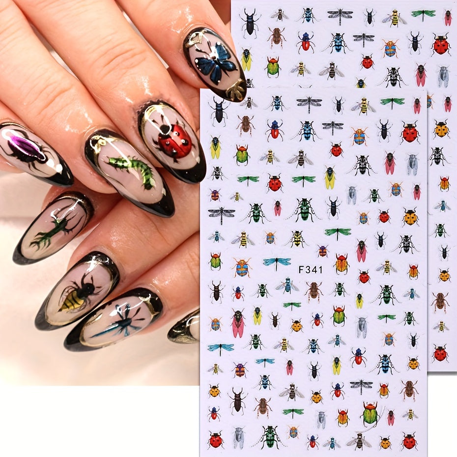 Insect-Themed Nail Art Decals, Set of 2 Sheets, Animal Print Pattern, Plastic Self-Adhesive Embellishments with Glitter, Glossy Finish, Single Use, for Plastic Surfaces, F341