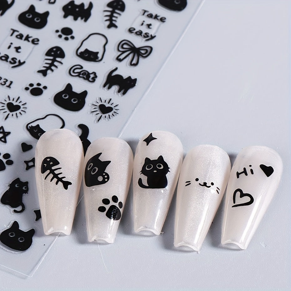 [Popular Choice] 2 Sheets Cute Cat Pattern Design Nail Art Stickers, Self-Adhesive Heart Star Nail Art Decals, DIY Nail Decorations, Nail Supplies for Women And Girls