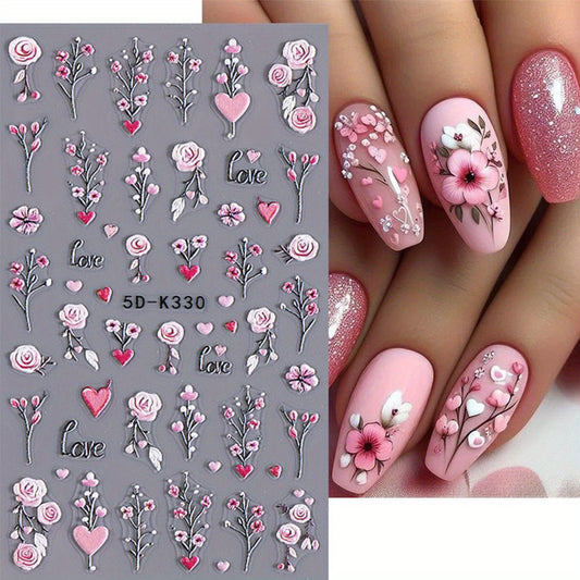 2 Sheets Valentine's Day Nail Art Stickers 5D Embossed Rose Heart Flower Nail Stickers Pink Floral Nail Decals Love Flowers Nails Designs Sticker Sliders for Women Girls DIY Nail Art Supplies