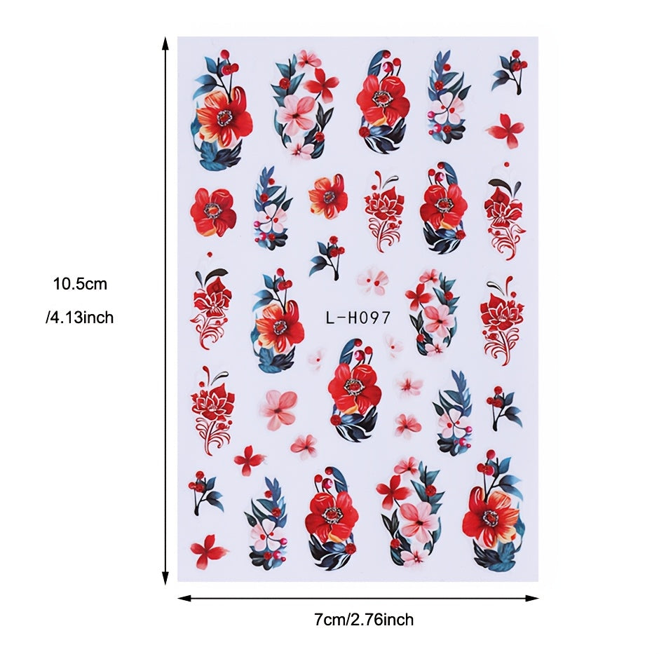 3 Sheets Floral Nail Art Stickers, Red Flowers and Leaves Self-Adhesive Nail Decals, Suitable for DIY Nail Decoration in Spring and Summer, Nail Art Supplies for Women and Girls