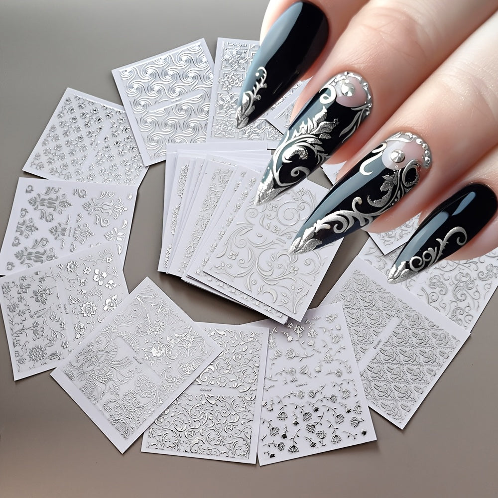 30 Sheets European Style Flower Embossed 3D Nail Art Stickers & Decals, Self-Adhesive Silvery Lace Foral Vine Relief Design Nail Art Stickers, Irregular Geometric Shapes Glitter Embellishment, Spring Flower Nail Art Decorations for Women And Girls