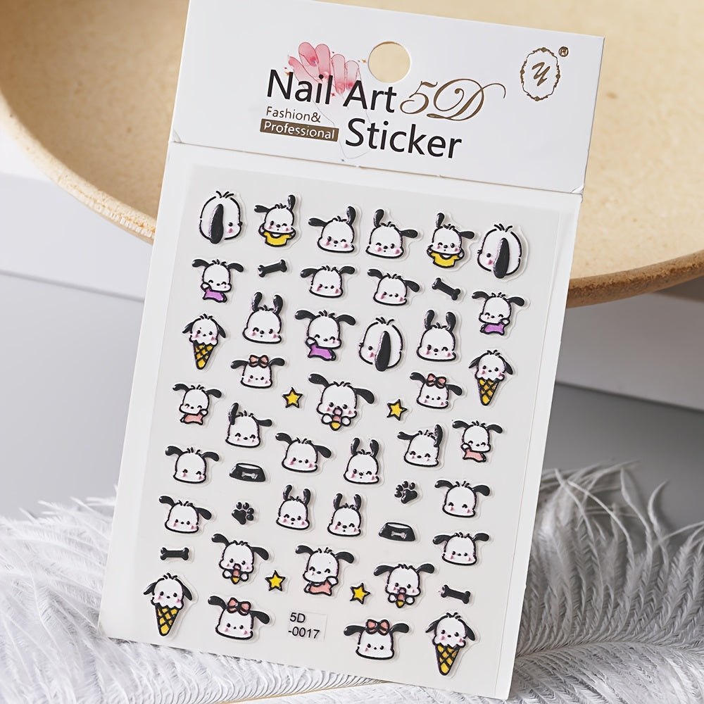 1 Cartoon Anime Themed 5D Embossed Pochacco Nail Art Decals, Self-Adhesive Plastic, Waterproof Fashion, Irregular Shape, Matte Finish, No Fragrance, Cute Kawaii Gift