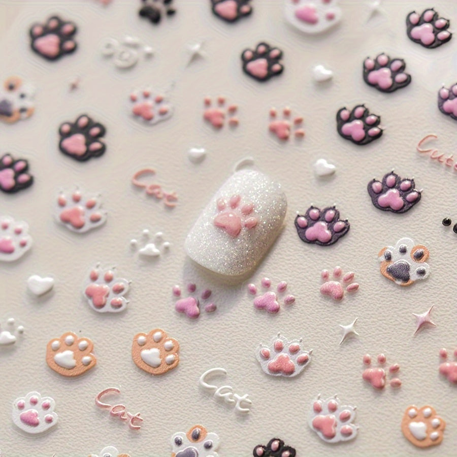 Cute Cat Paw Nail Art Stickers, Cartoon Animal 5D Embossed PVC Decals, Self-Adhesive for Manicure Salon and DIY Nail Supplies, Glossy Finish, Single Use Embroidery-Style Appliques with Irregular Shapes - Suited for Women's Nail Decor