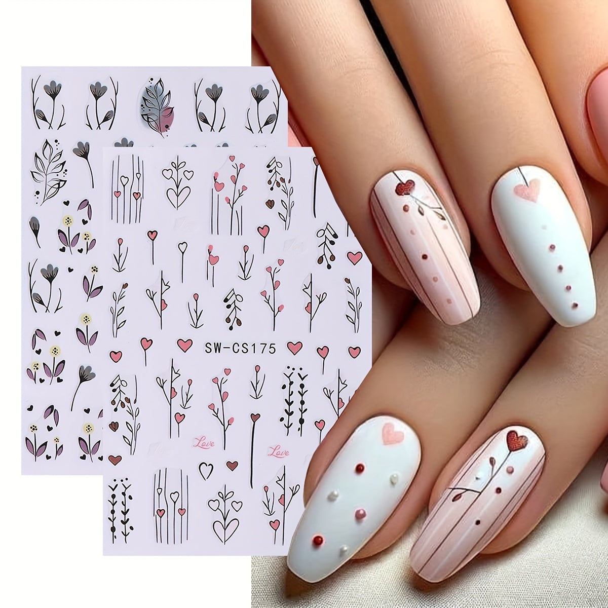 Floral Nail Art Stickers Decals Set of 2 Sheets, Fantasy Flowers Self-Adhesive Nail Embellishments, Glossy Finish, Unscented Plastic with Embroidered Accent, Single Use - SW-CS173/174/175/176