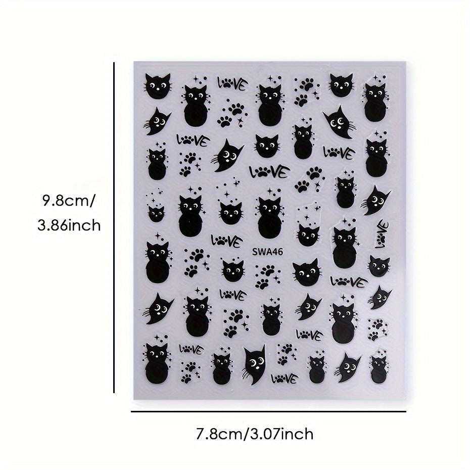 2pcs Cute Black Cat & Fishbone Nail Art Stickers - 5D Embossed, Self-Adhesive Decals with Sparkle Finish for DIY Manicure, Perfect for Women and Girls, DIY Nail Art | Playful Nail Stickers | Glossy Finish, Nail Stickers for Nails