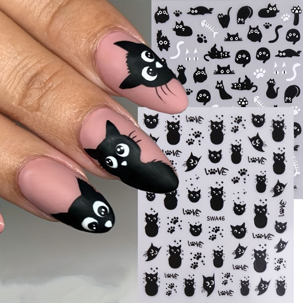 2pcs Cute Graffiti Cat Nail Art Stickers - Black & White, Self-Adhesive Decals for DIY Manicure, Hypoallergenic, Matte Finish, Cat Nail Stickers, Hand Drawn, Animal Wear, Nail Art Charm Design