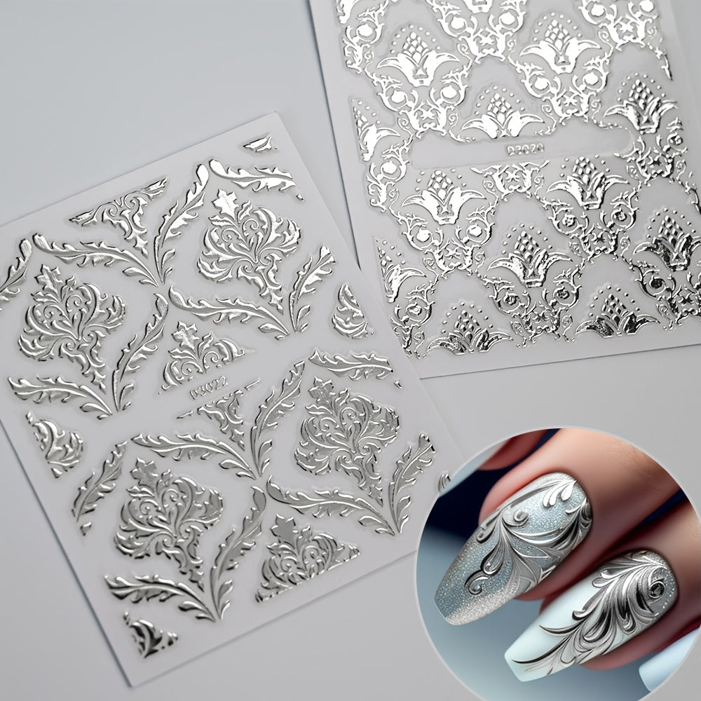 30 Sheets European Style Flower Embossed 3D Nail Art Stickers & Decals, Self-Adhesive Silvery Lace Foral Vine Relief Design Nail Art Stickers, Irregular Geometric Shapes Glitter Embellishment, Spring Flower Nail Art Decorations for Women And Girls