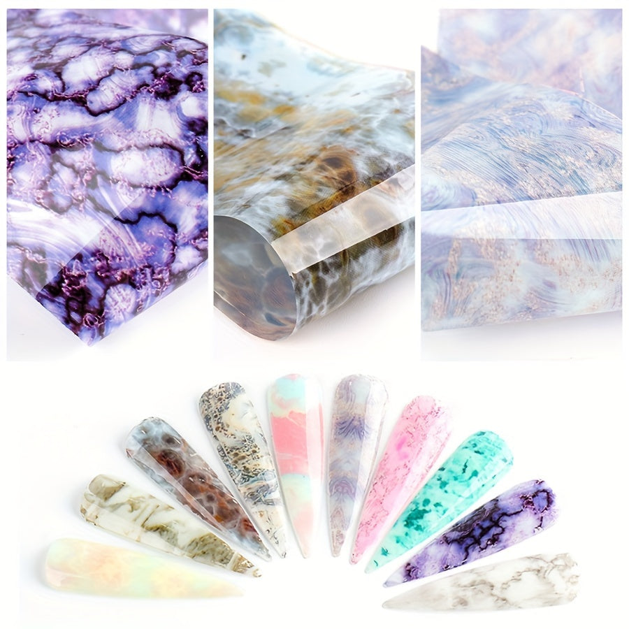 Cosmic Charm, Marble & Starry Sky Holographic Nail Foil Transfer Stickers - 10 Sheets, Easy Apply Vinyl Decals for Stunning Nail Art