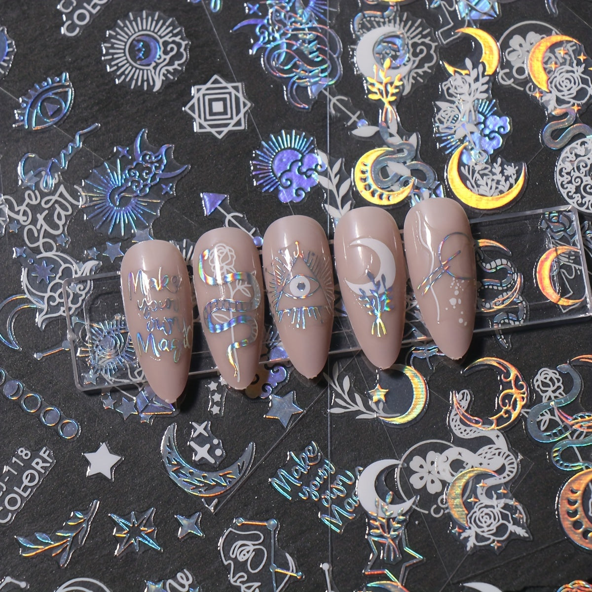 Mystical Nail Art Stickers Decals Set of 4, Geometric Fantasy Theme with Glitter, PET Self-Adhesive Embellishments, Moon Stars Eye Snake Irregular Shapes, Shimmery Finish, Single-Use Plastic Surface Decals