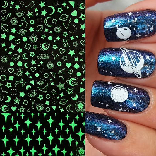 2 Sheet Luminous Planet Star Moon Sun Design Nail Art Stickers, Self Adhesive Nail Art Decals For Nail Art Decoration, Nail Art Supplies For Women And Girls For Music Festival