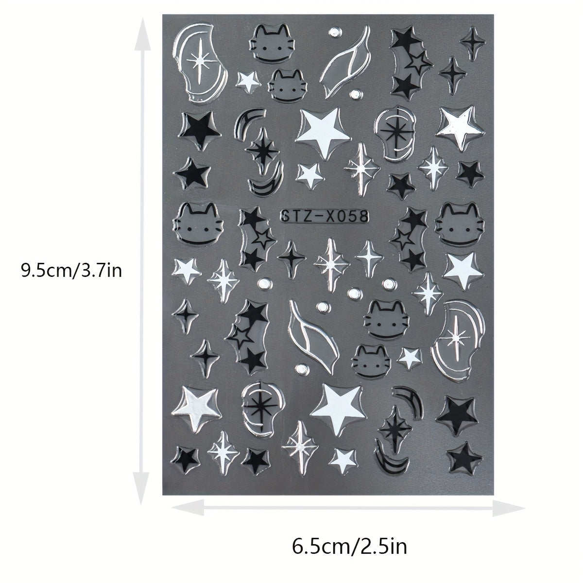 1 Set Y2K-Inspired Cartoon Cat & Star Nail Art Stickers - Black & White Japanese Style Starburst Decals, Self-Adhesive Plastic Nail Charms, Shimmery Glitter Finish, Single Use Fantasy Themed Nail Decorations with Animal Print