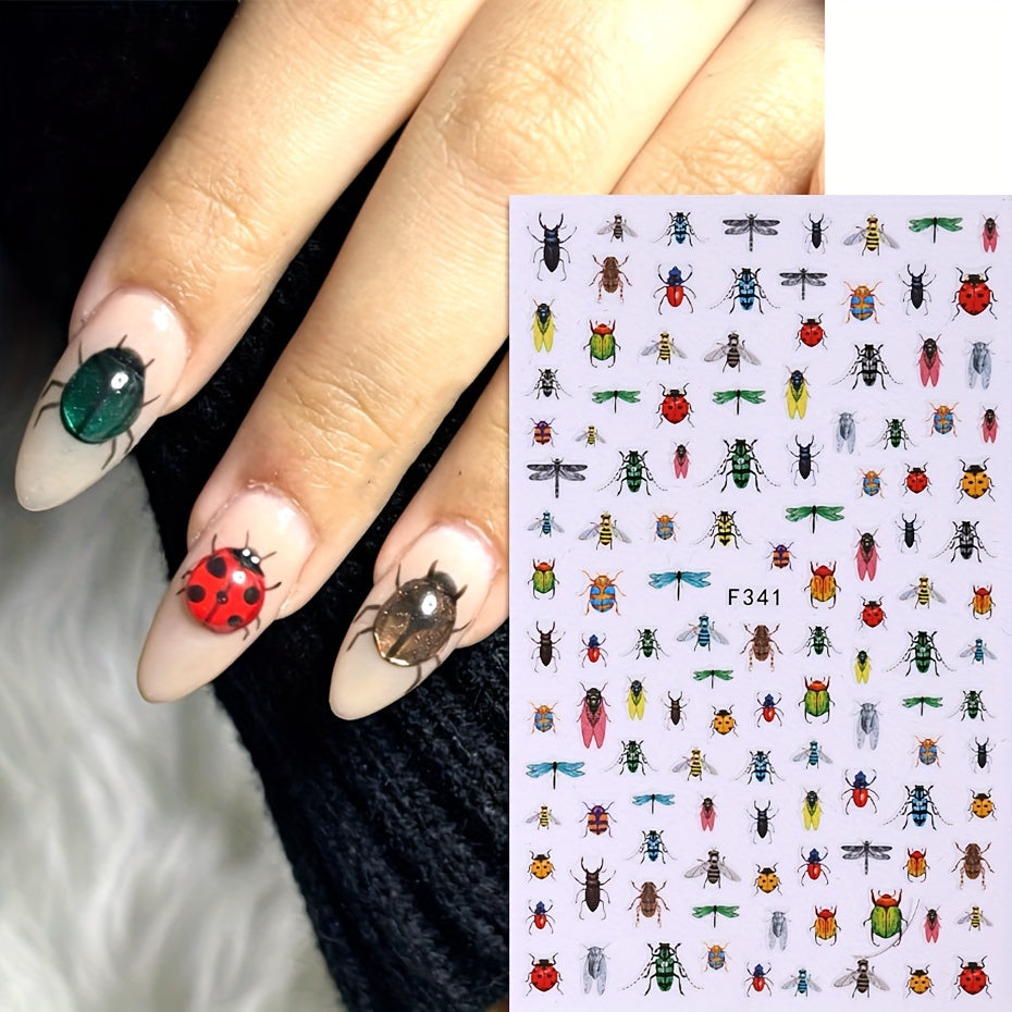 Insect-Themed Nail Art Decals, Set of 2 Sheets, Animal Print Pattern, Plastic Self-Adhesive Embellishments with Glitter, Glossy Finish, Single Use, for Plastic Surfaces, F341