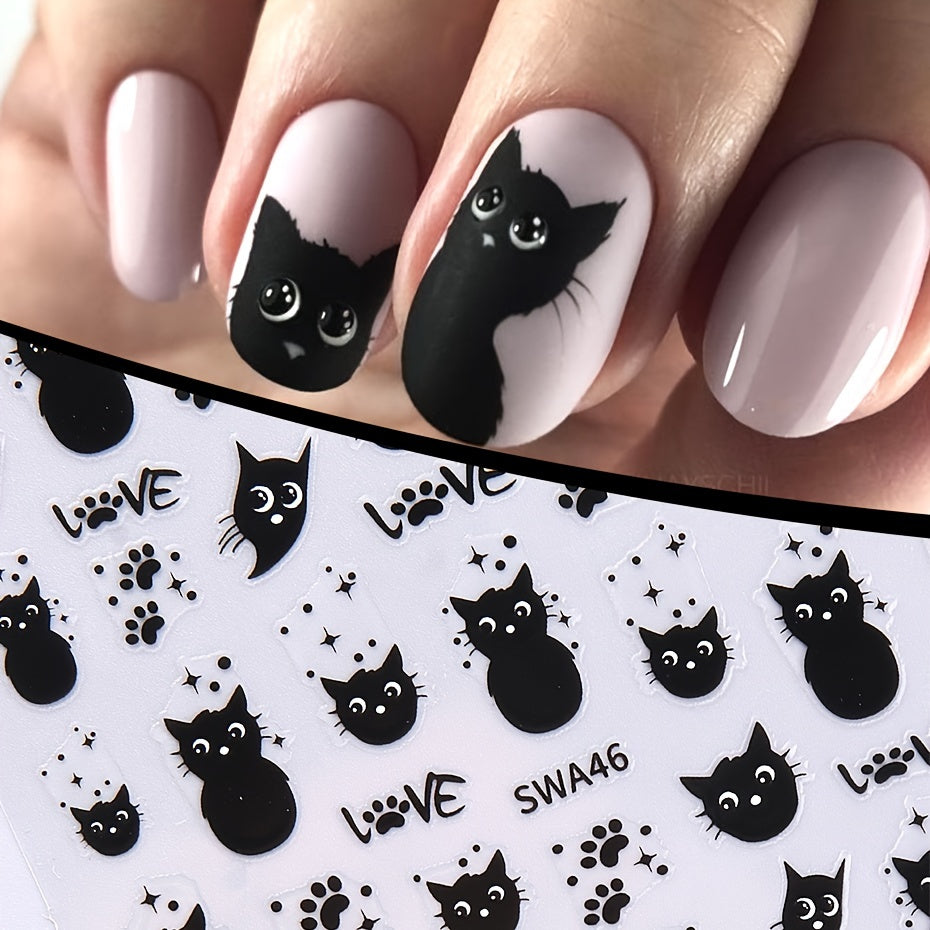 2pcs Cute Black Cat & Fishbone Nail Art Stickers - 5D Embossed, Self-Adhesive Decals with Sparkle Finish for DIY Manicure, Perfect for Women and Girls, DIY Nail Art | Playful Nail Stickers | Glossy Finish, Nail Stickers for Nails