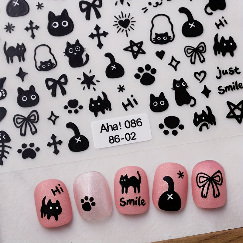 Aha Nail Back Glue Stickers Ins Graffiti Cat And Dog Cartoon Rabbit Bow Nail Decoration Stickers