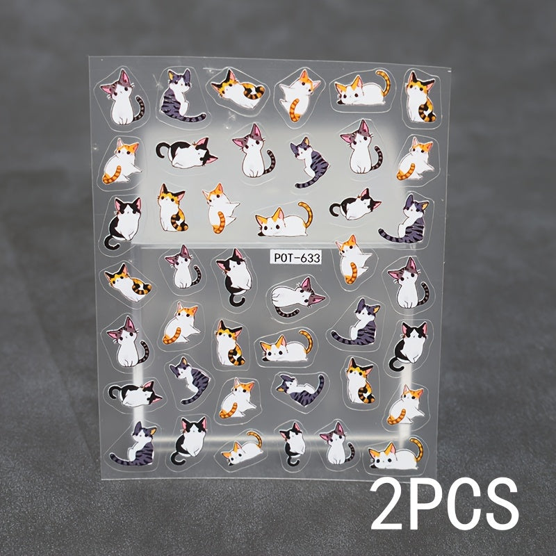 2pcs 5D Embossed Cute Cartoon Cat Nail Art Stickers - Colorful Animal Designs for DIY or Salon, Self-Adhesive Decals for Women's Party Looks & Gifts