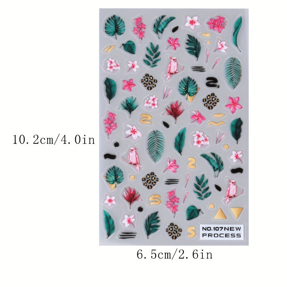 2pcs Tropical Bird and Flower Nail Art Stickers - Parrot, Crow, Blossom, Pineapple Designs with Withered Leaves - Self-Adhesive Plastic Manicure Decals for Summer