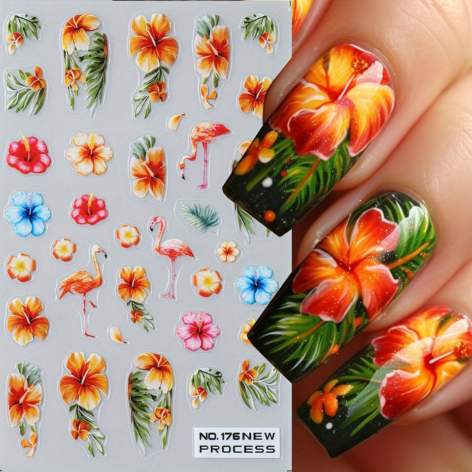 FULL BEAUTY Tropical Nail Art Stickers Decals - 2 Pcs 3D Self-Adhesive Palm Tree, Flamingo & Hibiscus Flower Designs, Glitter Finish Fantasy Embellishments for Manicure, Hypoallergenic Plastic Nail Sliders with Coconut Tree Patterns for Plastic Surfaces