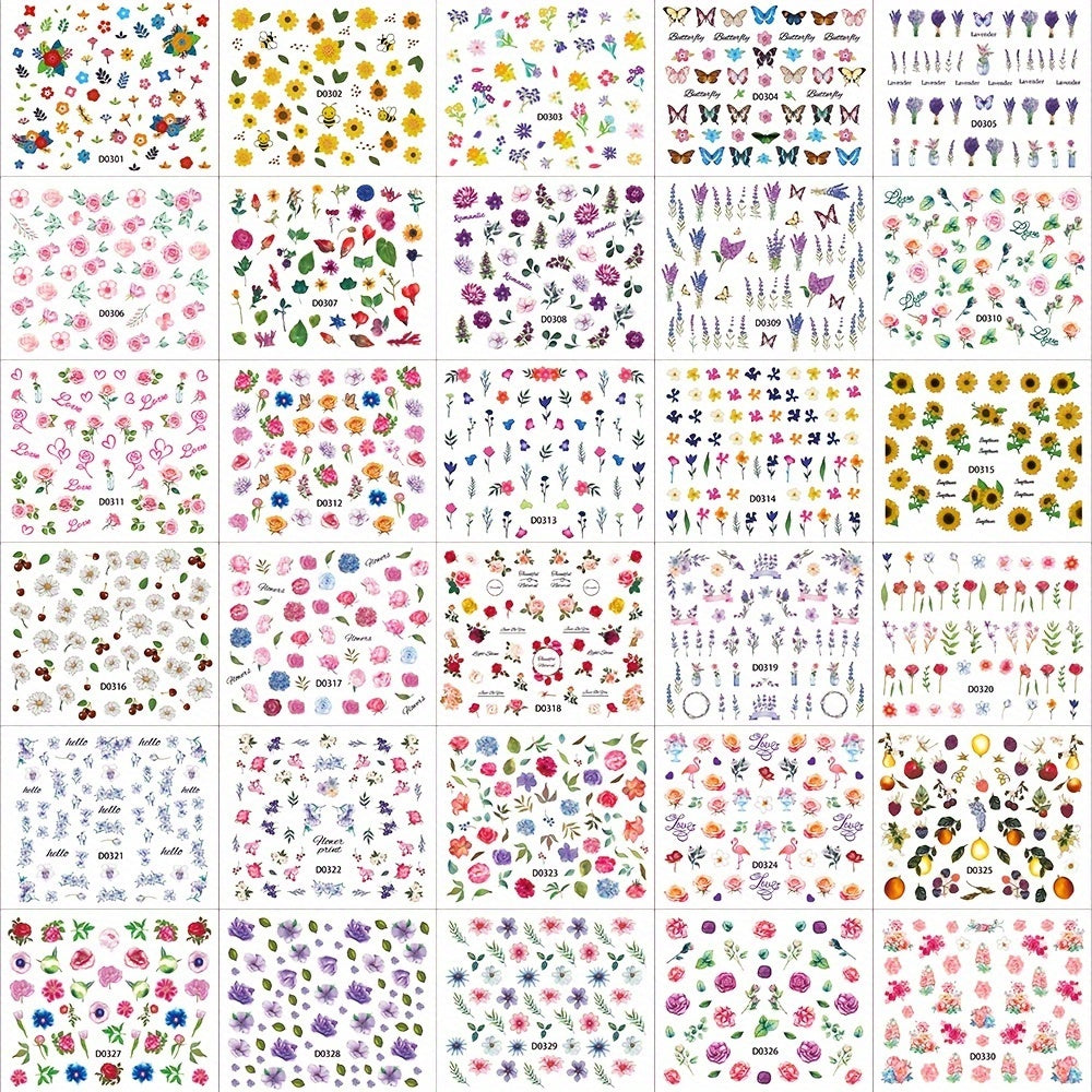 30 Sheets/Set Fashion 3D Flower Nail Stickers Set, Colorful Daisy Flower, Sunflower, Butterfly Design, Self-Adhesive, Sparkle Finish Decals for DIY Manicure