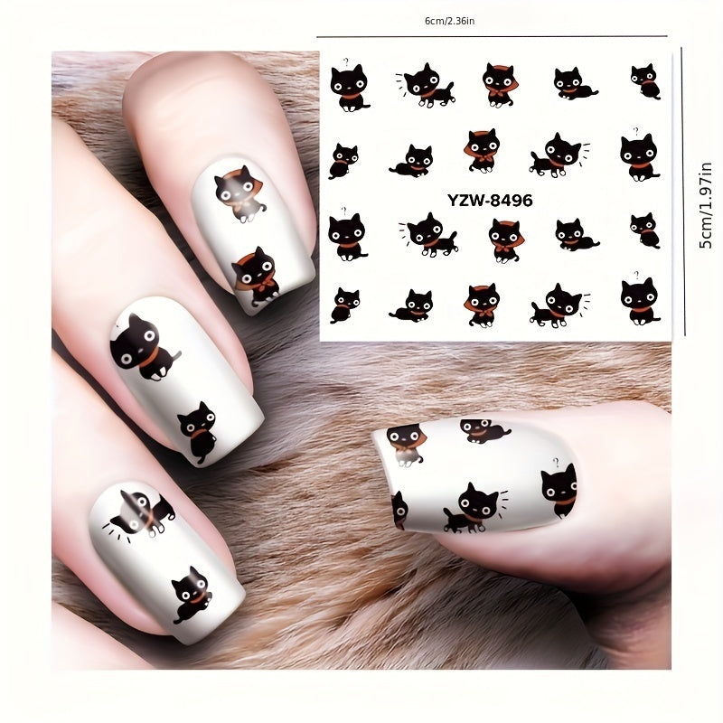 1 Sheet of Whimsical Black Cat & Dog Nail Art Stickers - 12 Unique Designs, Easy DIY Water Transfer Decals with Playful Animal Patterns for Creative Manicures, Nail Stickers