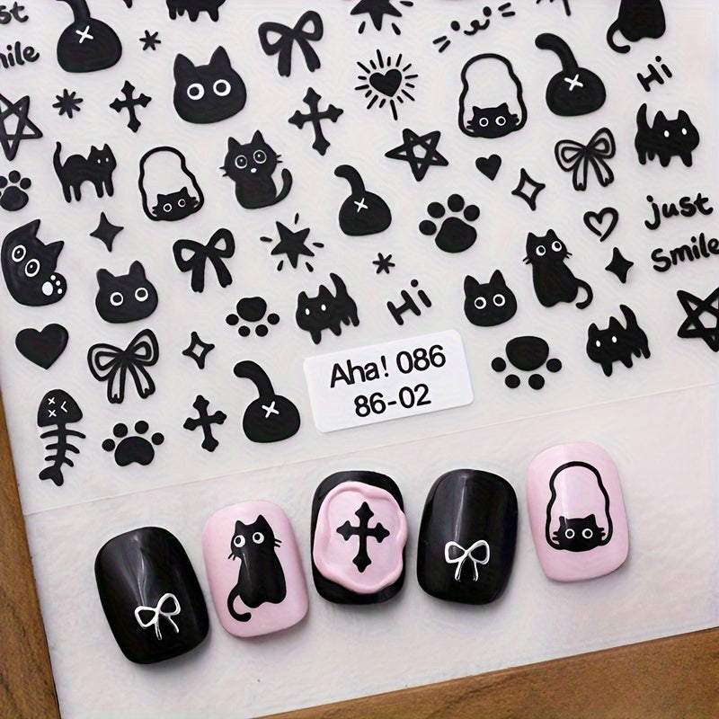 Aha Nail Back Glue Stickers Ins Graffiti Cat And Dog Cartoon Rabbit Bow Nail Decoration Stickers