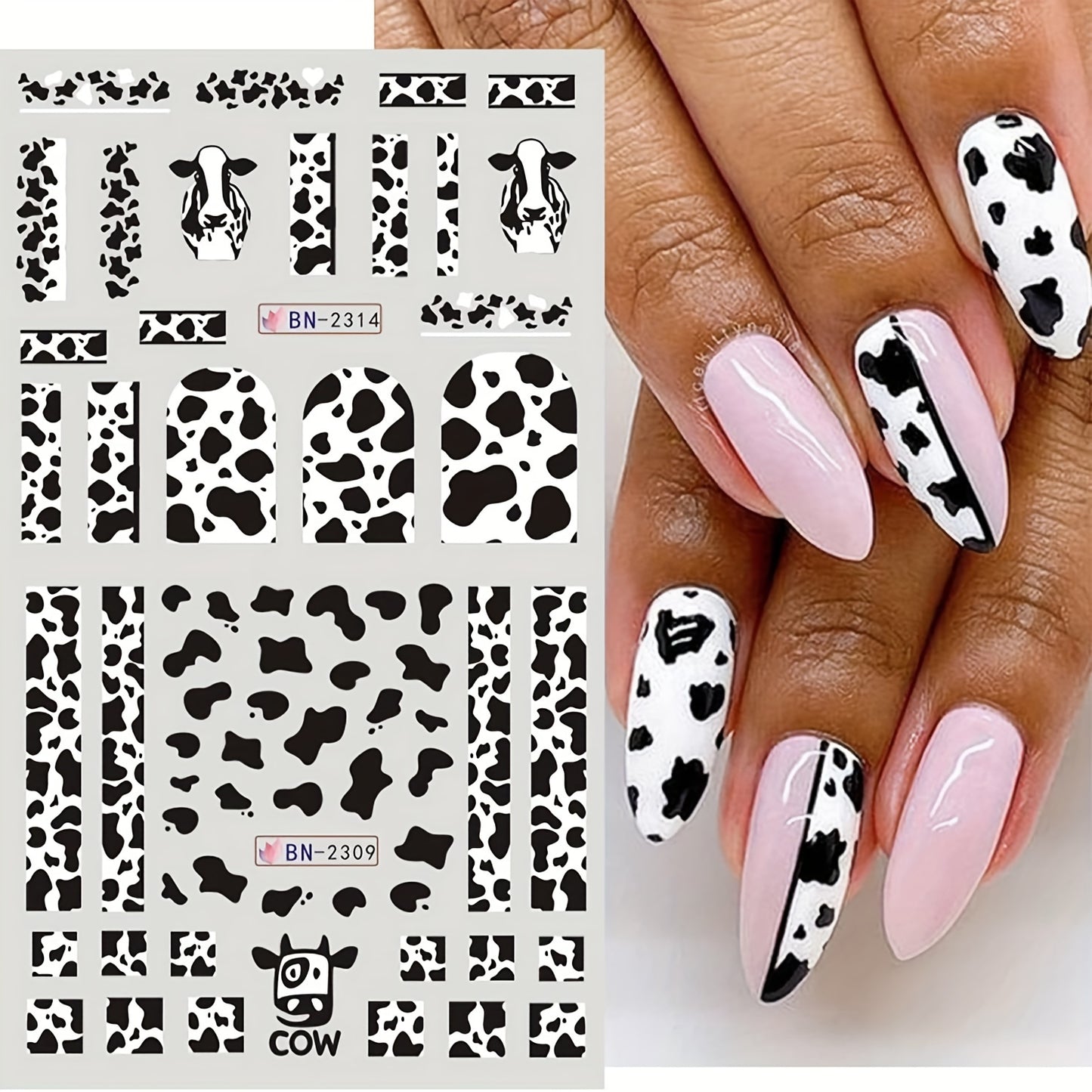 12 Sheets Cow Print Cartoon Nail Stickers Decals - Assorted Animal Patterns, Heart & Leopard Designs - Plastic, Pre-Pasted, Glossy Finish, Embroidered Look - Single Use Nail Art Decorations for Plastic Surfaces