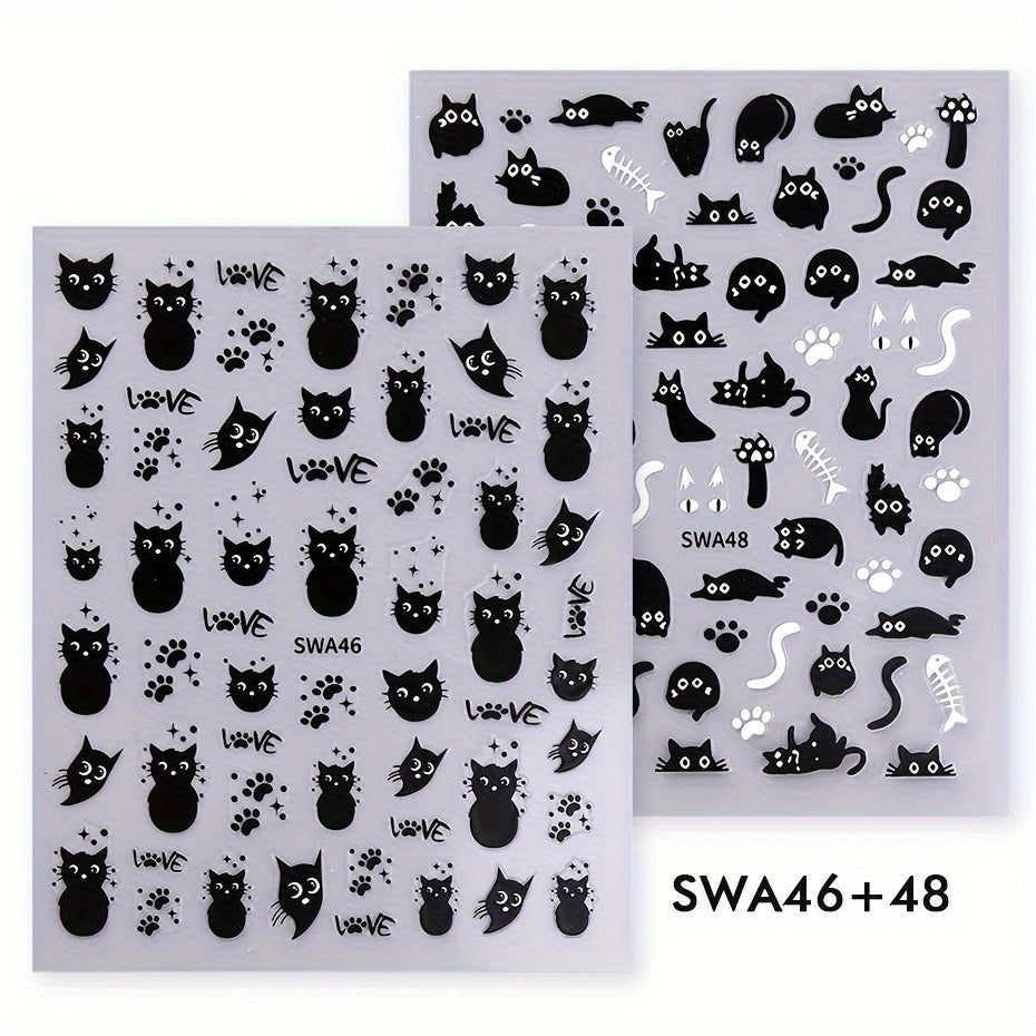 2pcs Cute Black Cat & Fishbone Nail Art Stickers - 5D Embossed, Self-Adhesive Decals with Sparkle Finish for DIY Manicure, Perfect for Women and Girls, DIY Nail Art | Playful Nail Stickers | Glossy Finish, Nail Stickers for Nails