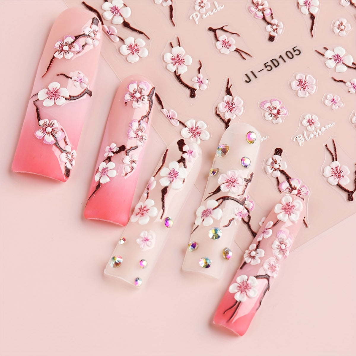 2PCS/Set Cherry Blossom Nail Art Stickers - 5D Embossed Floral Decals, Self-Adhesive Plastic Nail Designs, Glittery Shimmery Finish, Plant Theme Nail Decoration for DIY and Salon Use